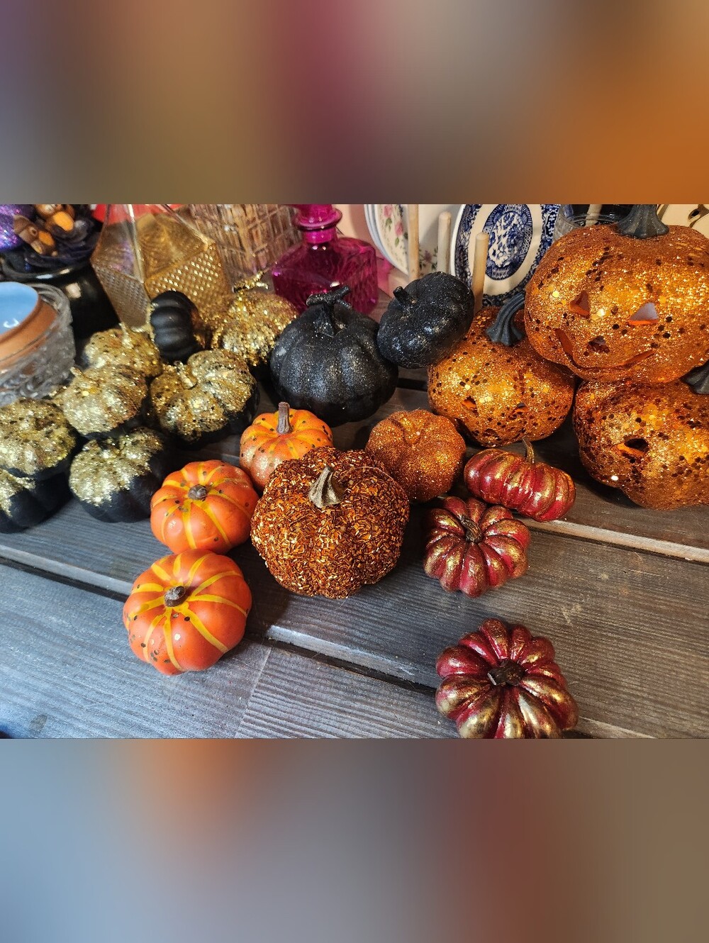 Fall Halloween Decor Pumpkins Gold, Black, Orange, Red, 22 Pumpkins Variety